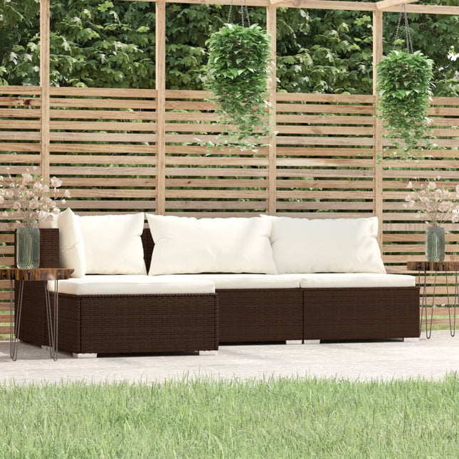 4-Delige Loungeset Met Kussens Poly Rattan Bruin En Crème hoek + 2x midden + voetensteun