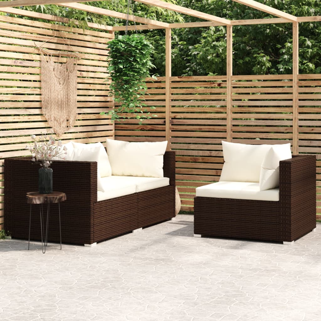 3-Delige Loungeset Met Kussens Poly Rattan Bruin en crème