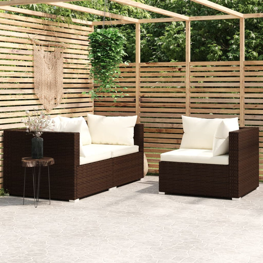3-Delige Loungeset Met Kussens Poly Rattan Bruin en crème