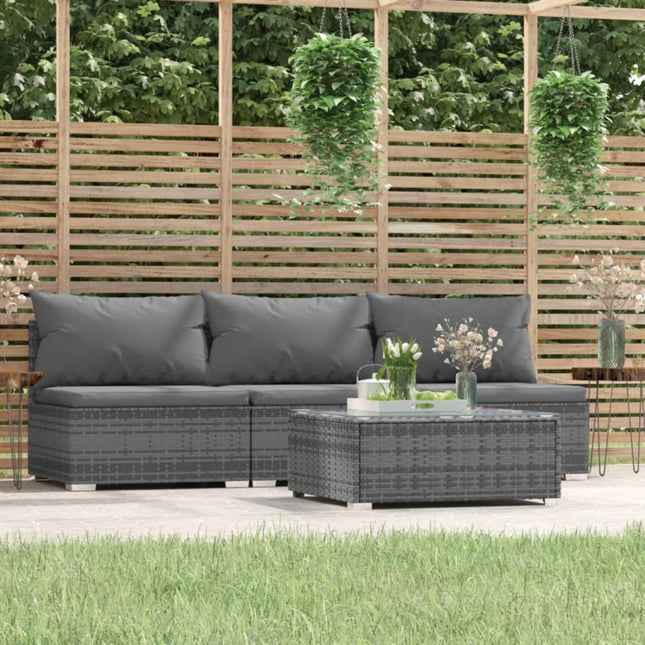 4-Delige Loungeset Met Kussens Poly Rattan Grijs en antraciet Driezitsbank + Tafel