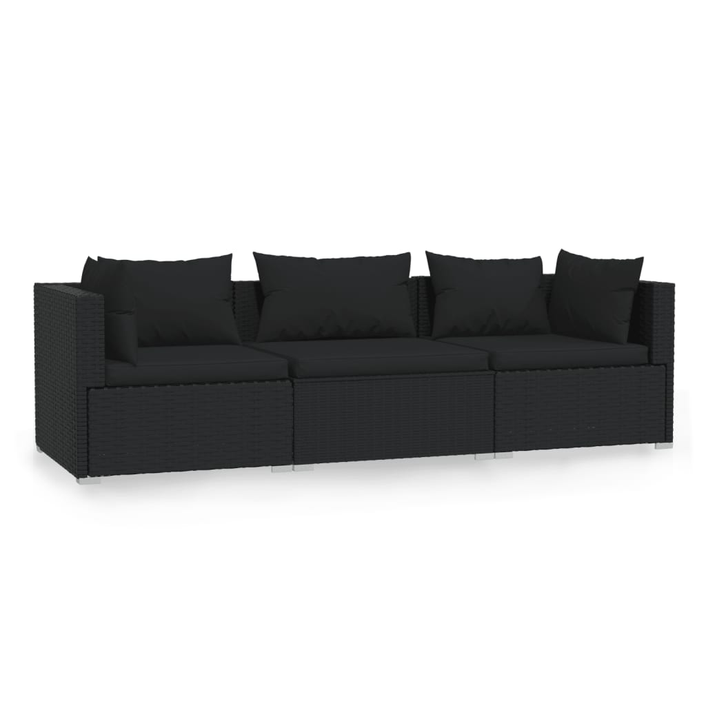 Driezitsbank Met Kussens Poly Rattan Zwart 2x hoek + midden