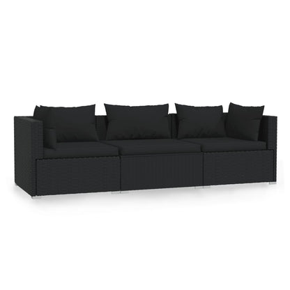 Driezitsbank Met Kussens Poly Rattan Zwart 2x hoek + midden