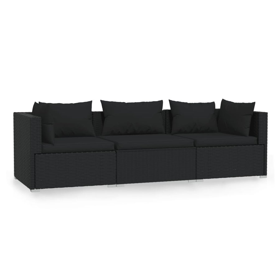 Driezitsbank Met Kussens Poly Rattan Zwart 2x hoek + midden