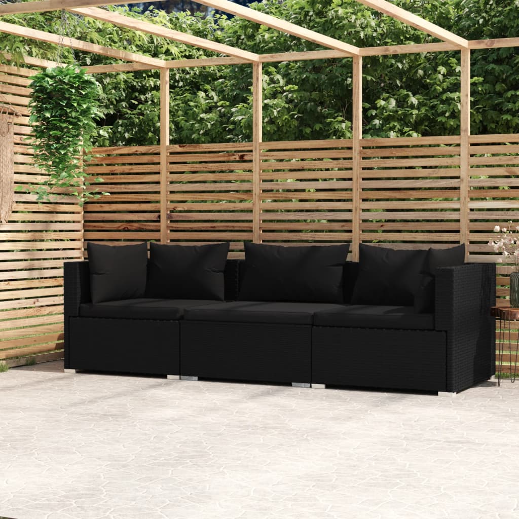 Driezitsbank Met Kussens Poly Rattan Zwart 2x hoek + midden
