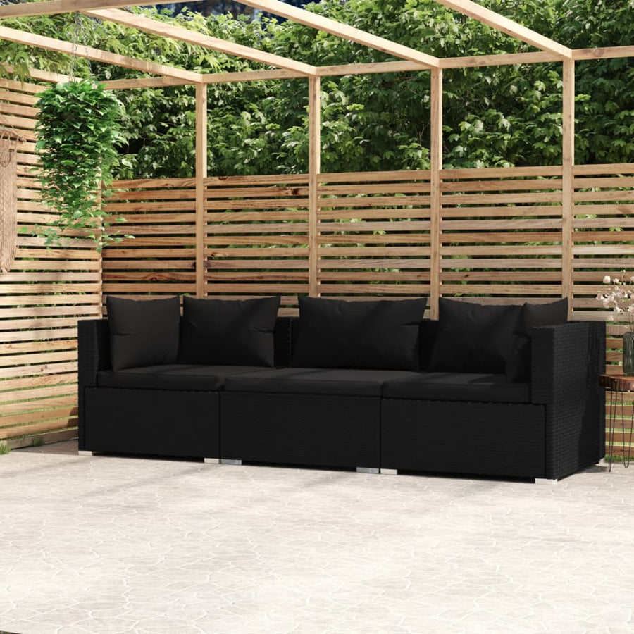 Driezitsbank Met Kussens Poly Rattan Zwart 2x hoek + midden