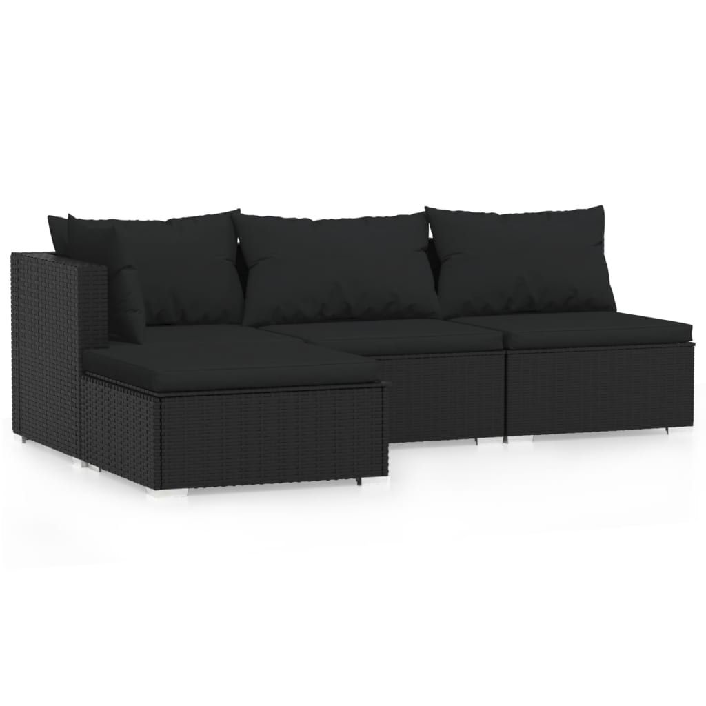 4-Delige Loungeset Met Kussens Poly Rattan Zwart hoek + 2x midden + voetensteun
