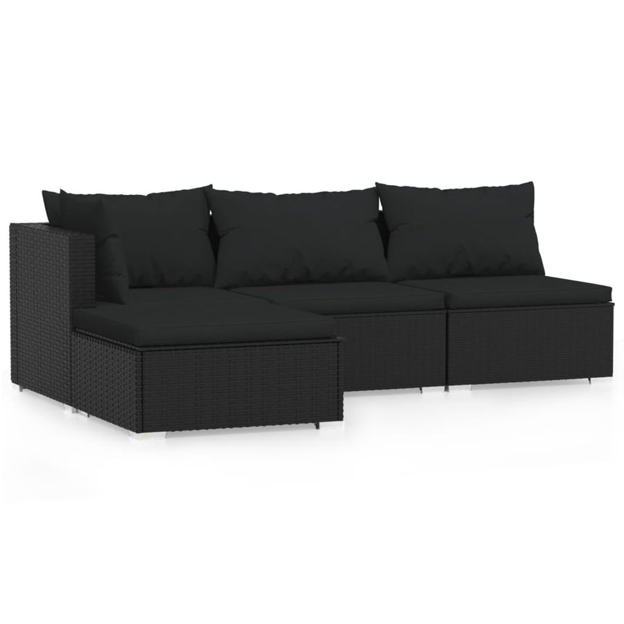 4-Delige Loungeset Met Kussens Poly Rattan Zwart hoek + 2x midden + voetensteun