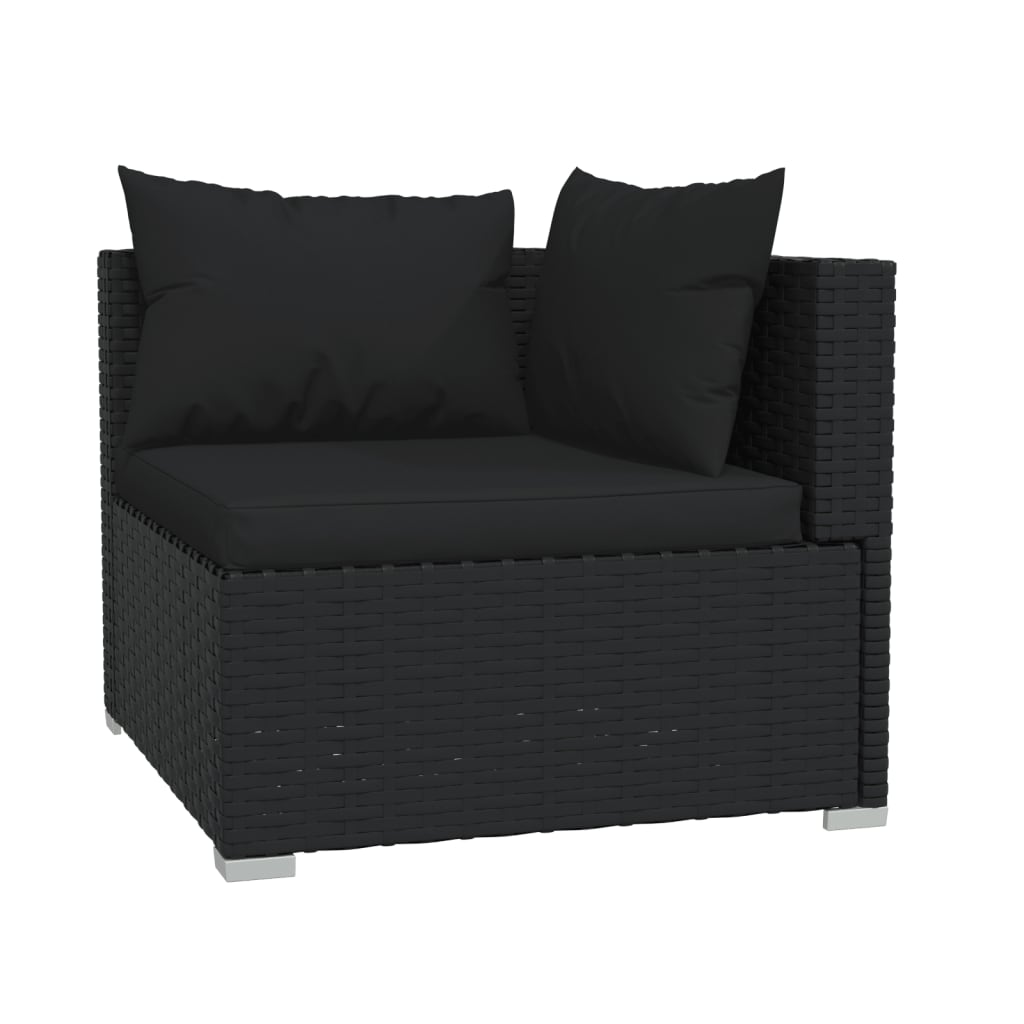 4-Delige Loungeset Met Kussens Poly Rattan Zwart hoek + 2x midden + voetensteun