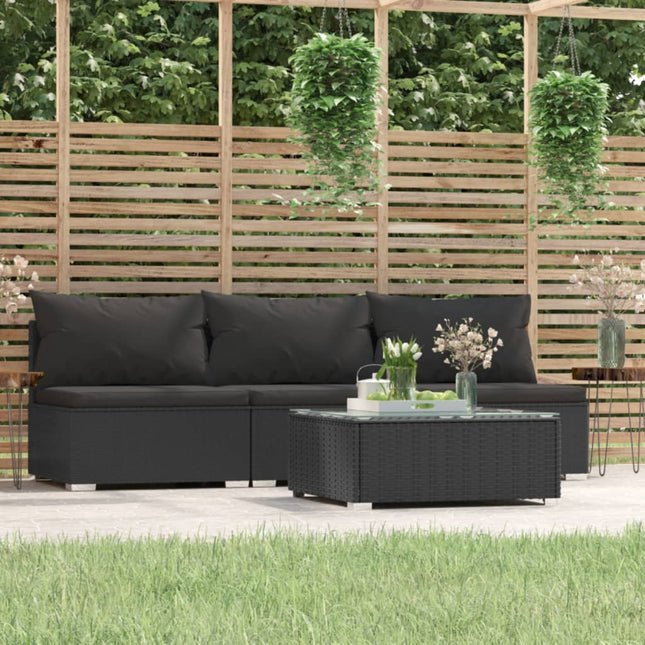 4-Delige Loungeset Met Kussens Poly Rattan Zwart Driezitsbank + Tafel