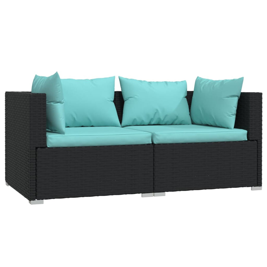 Met Kussens Poly Rattan Zwart en waterblauw Tweezitsbank