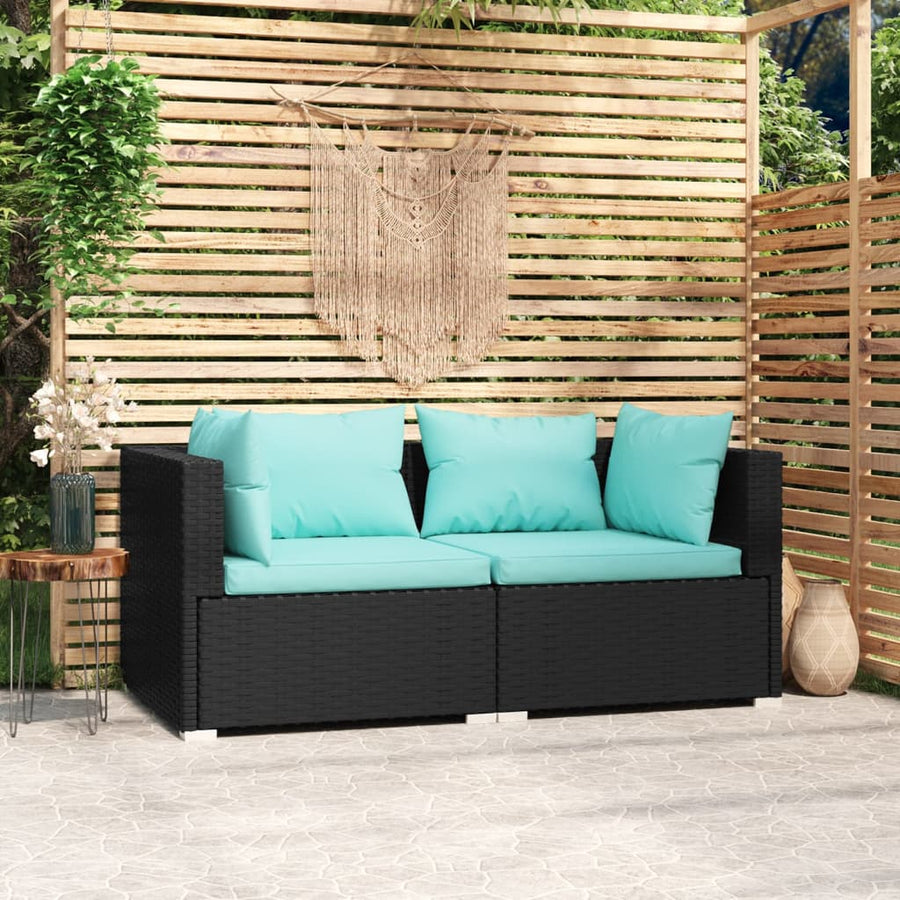 Met Kussens Poly Rattan Zwart en waterblauw Tweezitsbank