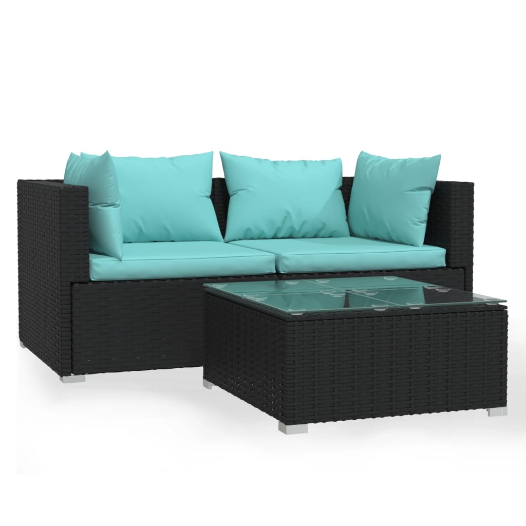 3-delige Loungeset met kussens poly rattan zwart
