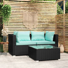 3-Delige Loungeset Met Kussens Poly Rattan Zwart en waterblauw 2x hoek + Tafel