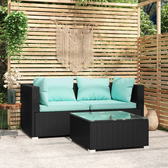 3-Delige Loungeset Met Kussens Poly Rattan Zwart en waterblauw 2x hoek + Tafel