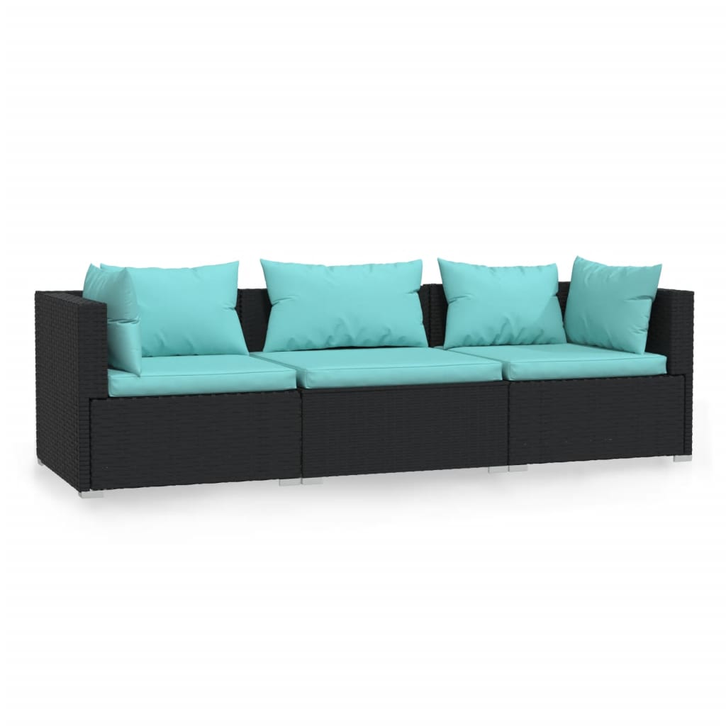 Driezitsbank Met Kussens Poly Rattan Zwart En Waterblauw 1