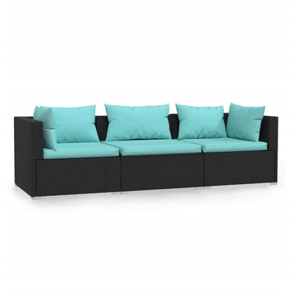 Driezitsbank Met Kussens Poly Rattan Zwart En Waterblauw 1