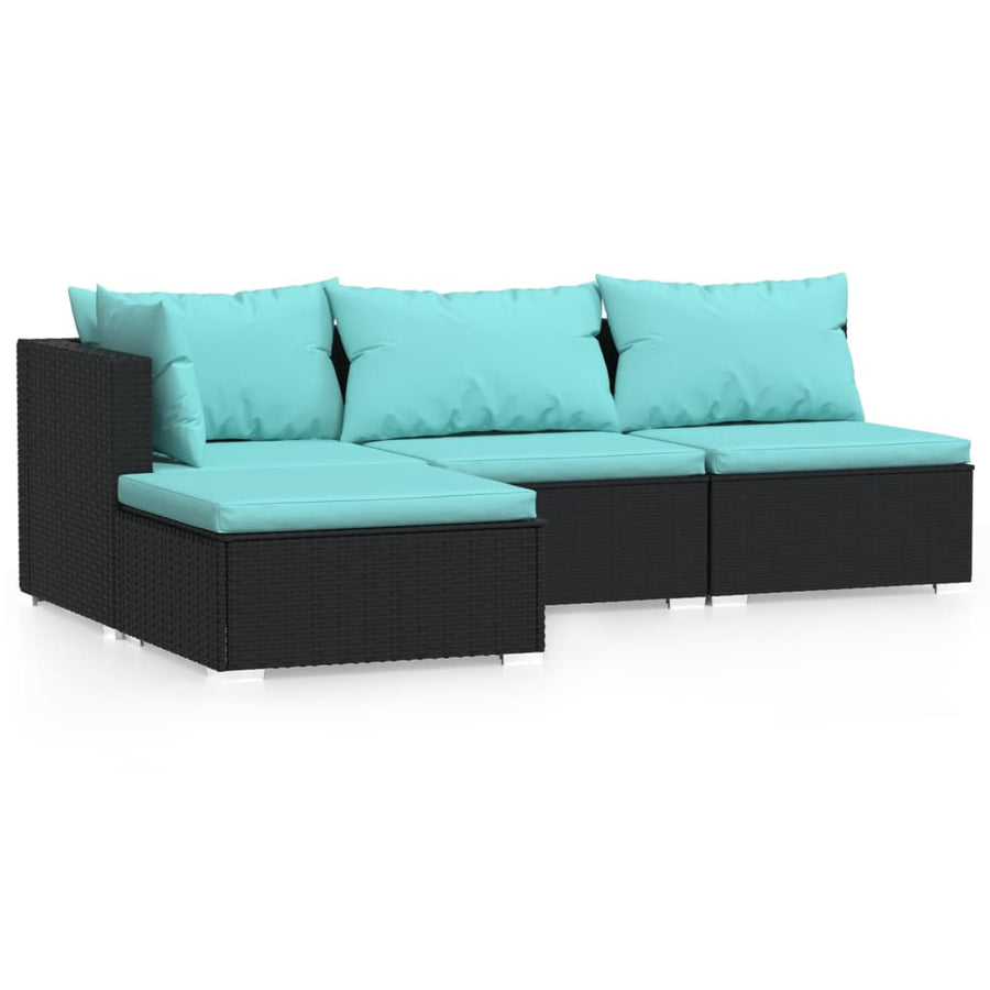 4-Delige Loungeset Met Kussens Poly Rattan Zwart En Waterblauw hoek + 2x midden + voetensteun