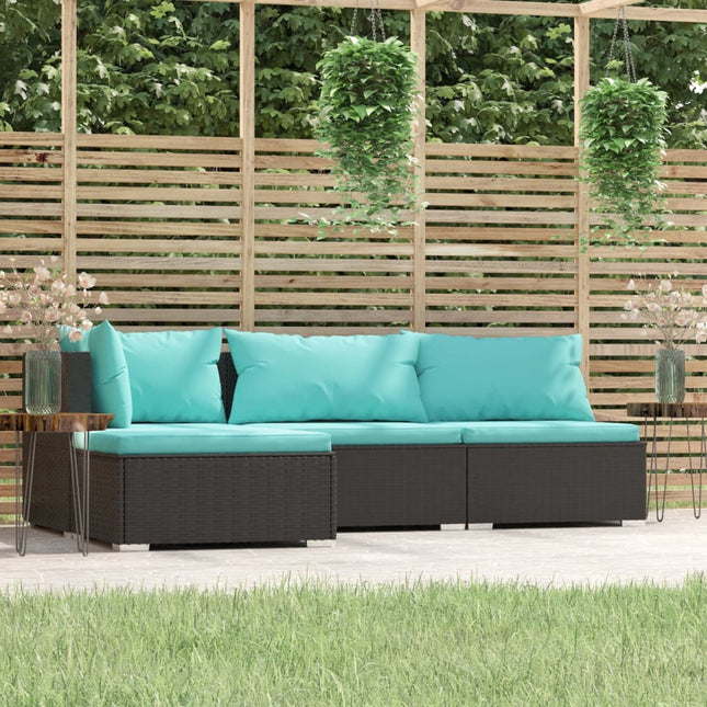 4-Delige Loungeset Met Kussens Poly Rattan Zwart En Waterblauw hoek + 2x midden + voetensteun