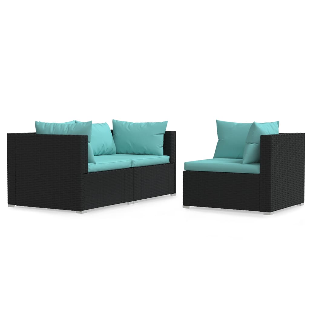 3-Delige Loungeset Met Kussens Poly Rattan Zwart en aqua