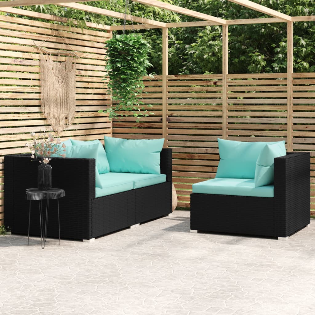 3-Delige Loungeset Met Kussens Poly Rattan Zwart en aqua