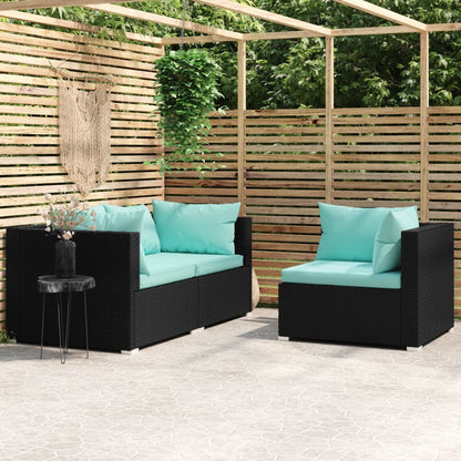 3-Delige Loungeset Met Kussens Poly Rattan Zwart en aqua