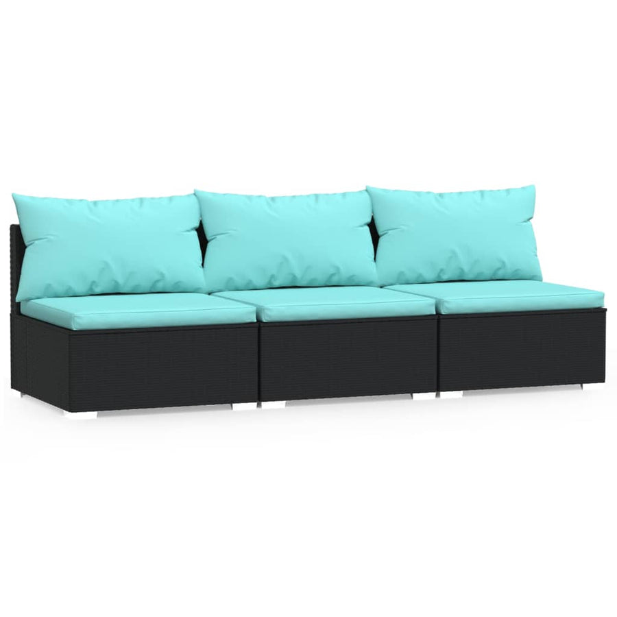 Met Kussens Poly Rattan Zwart En Waterblauw Driezitsbank