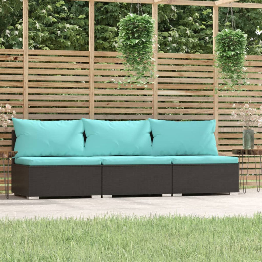 Met Kussens Poly Rattan Zwart En Waterblauw Driezitsbank
