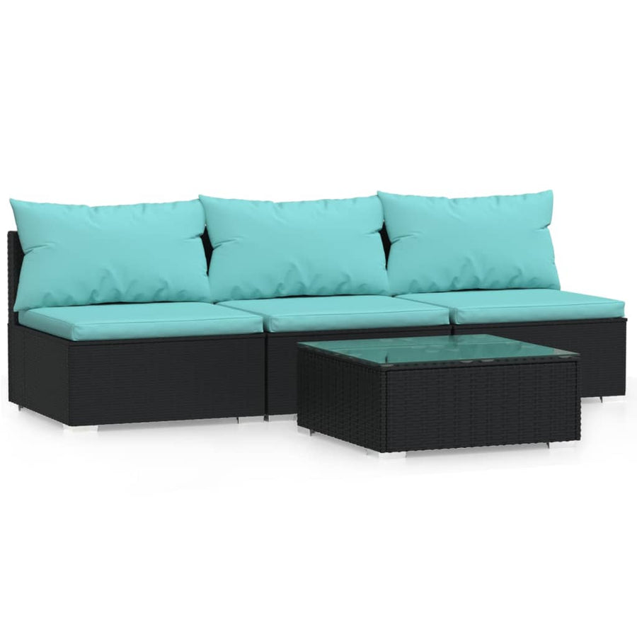 4-Delige Loungeset Met Kussens Poly Rattan Zwart en waterblauw Driezitsbank + Tafel