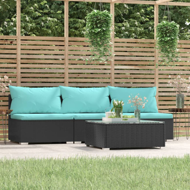 4-Delige Loungeset Met Kussens Poly Rattan Zwart en waterblauw Driezitsbank + Tafel