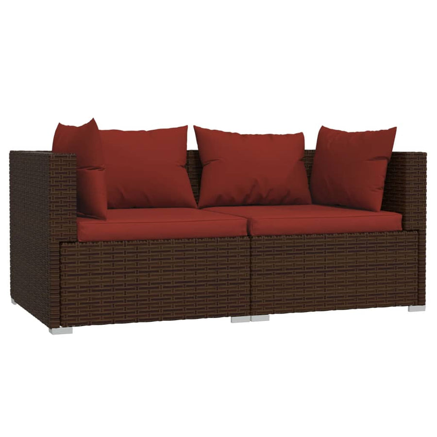 Bank 2-Zits Met Kussens Poly Rattan Bruin En Kaneelrood 1