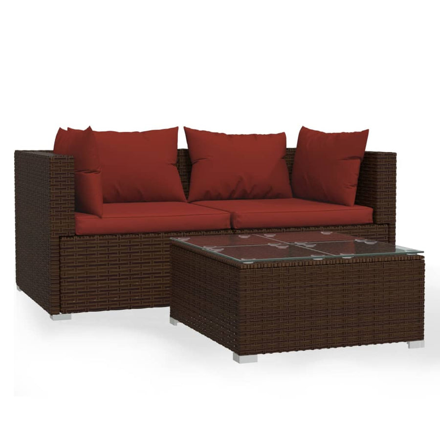 3-Delige Loungeset Met Kussens Poly Rattan Bruin En Kaneelrood 1