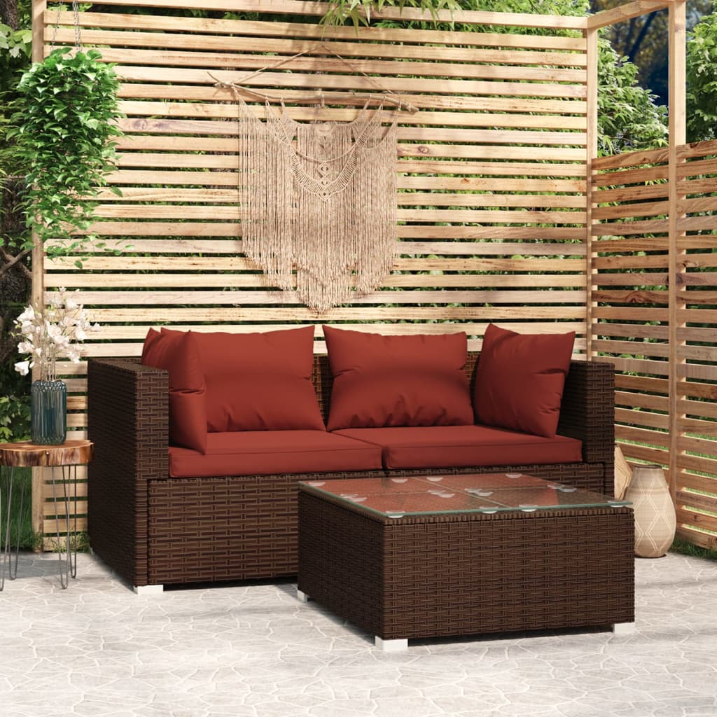 3-Delige Loungeset Met Kussens Poly Rattan Bruin En Kaneelrood 1
