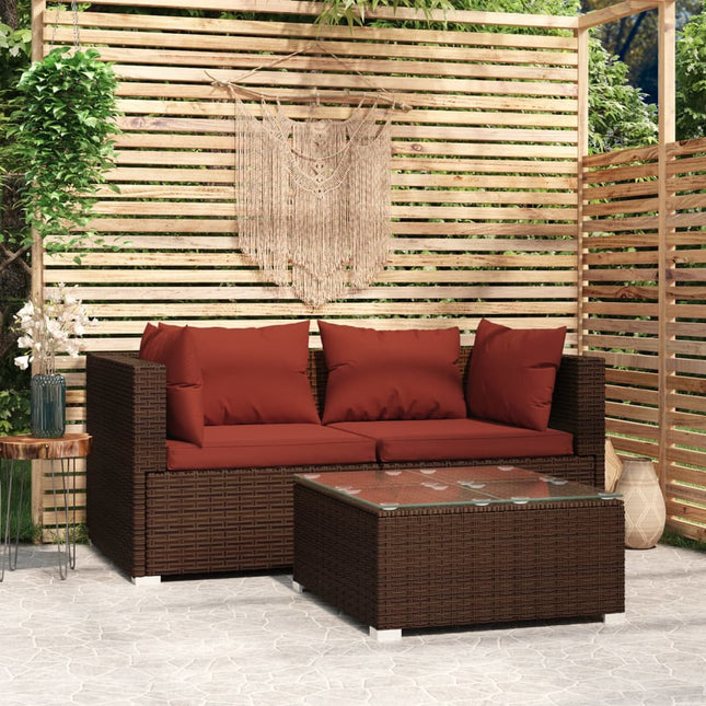 3-Delige Loungeset Met Kussens Poly Rattan Bruin en kaneelrood 2x hoek + Tafel