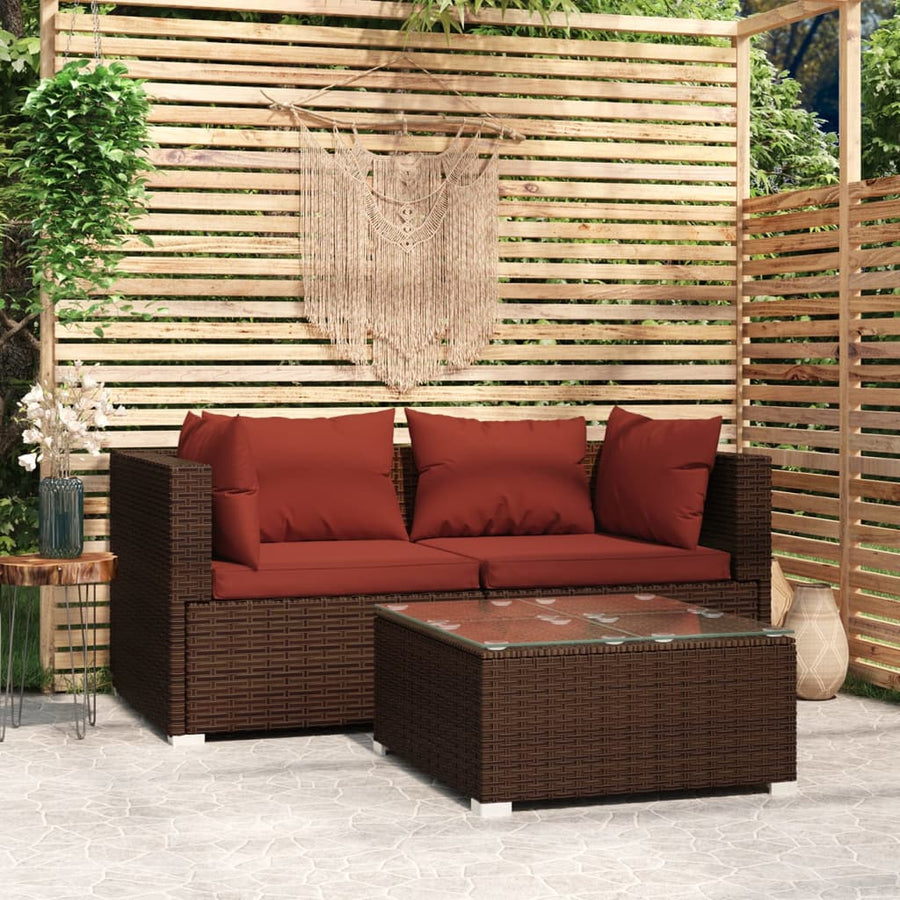3-Delige Loungeset Met Kussens Poly Rattan Bruin En Kaneelrood 1