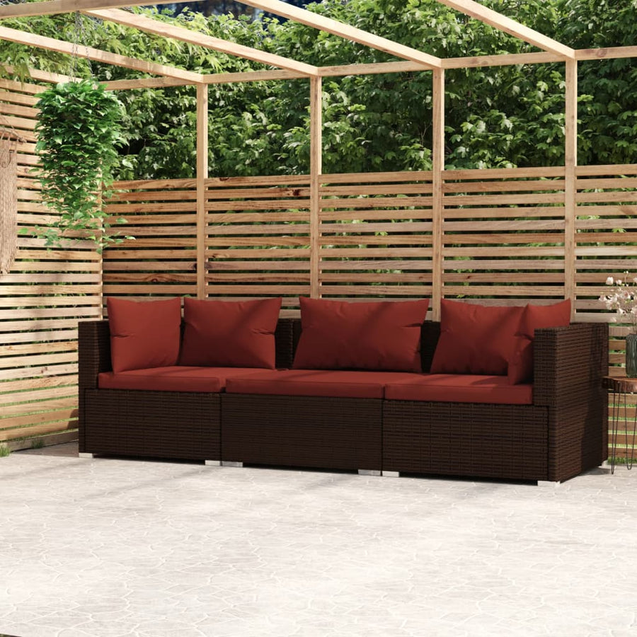 Bank 3-Zits Met Kussens Poly Rattan Bruin En Kaneelrood 1