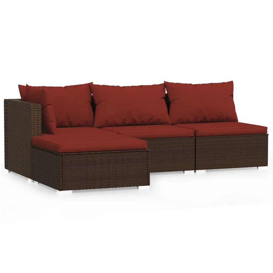 4-Delige Loungeset Met Kussens Poly Rattan Bruin En Kaneelrood hoek + 2x midden + voetensteun