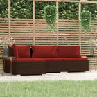 4-Delige Loungeset Met Kussens Poly Rattan Bruin En Kaneelrood hoek + 2x midden + voetensteun