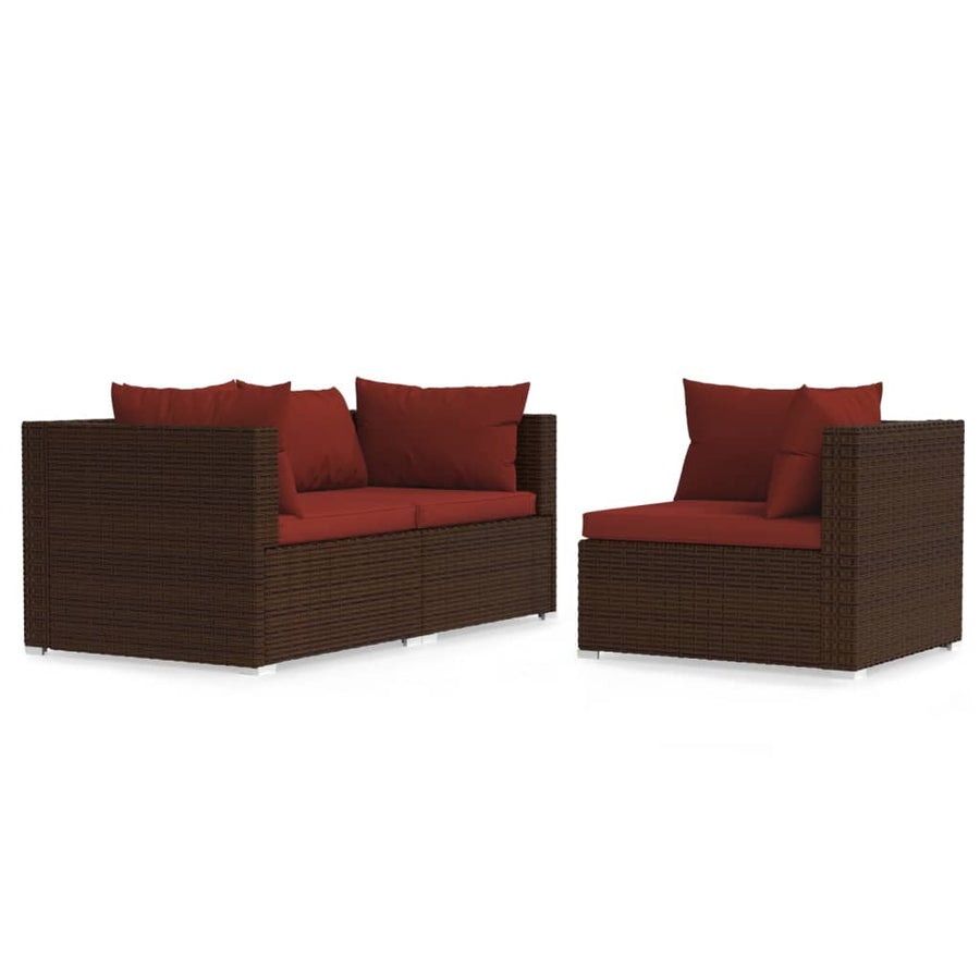 3-Delige Loungeset Met Kussens Poly Rattan Bruin en kaneelrood