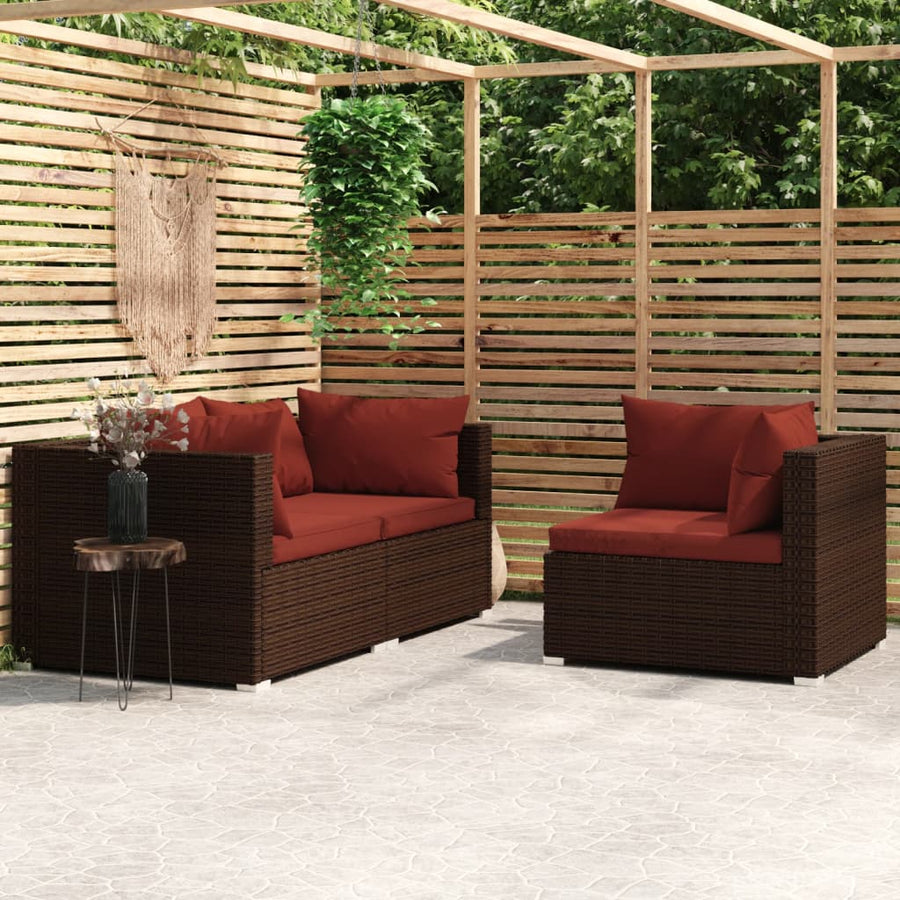 3-Delige Loungeset Met Kussens Poly Rattan Bruin en kaneelrood