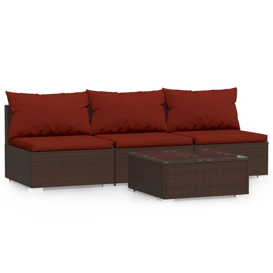 4-Delige Loungeset Met Kussens Poly Rattan Bruin En Kaneelrood 1