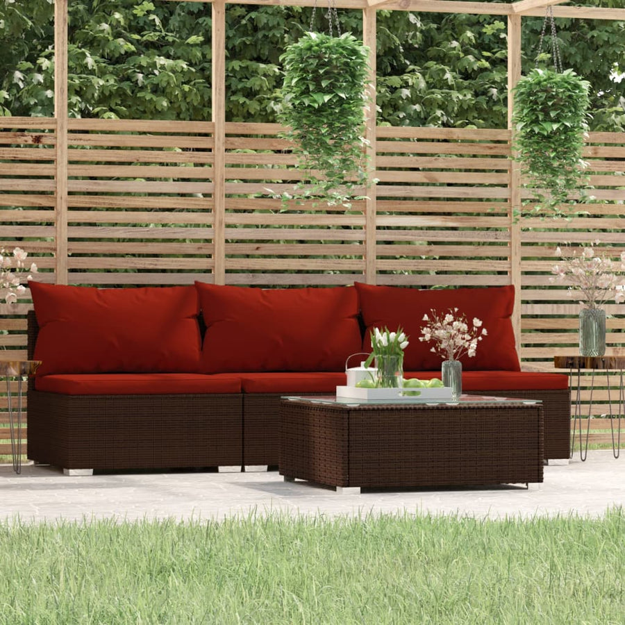 4-Delige Loungeset Met Kussens Poly Rattan Bruin En Kaneelrood 1