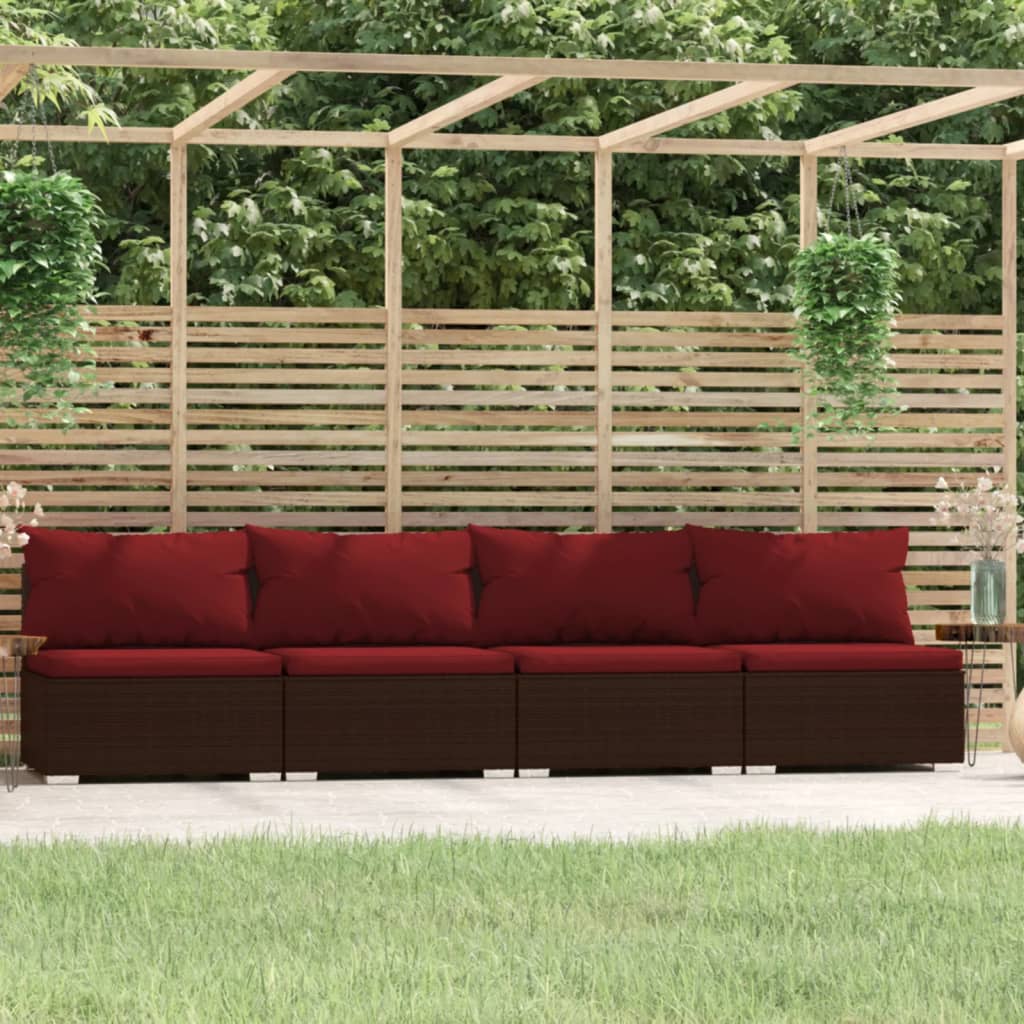 Bank 4-Zits Met Kussens Poly Rattan Bruin En Kaneelrood 1