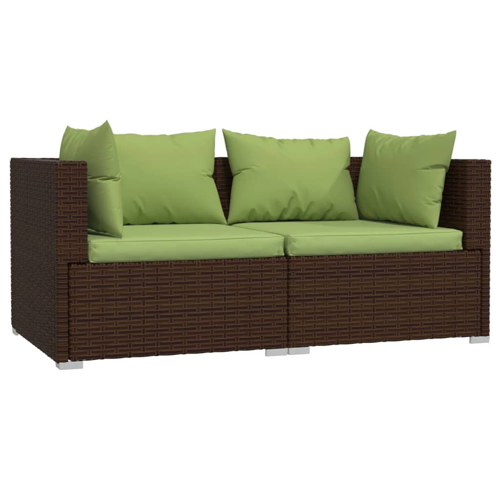 Bank 2-Zits Met Kussens Poly Rattan Bruin en groen Tweezitsbank