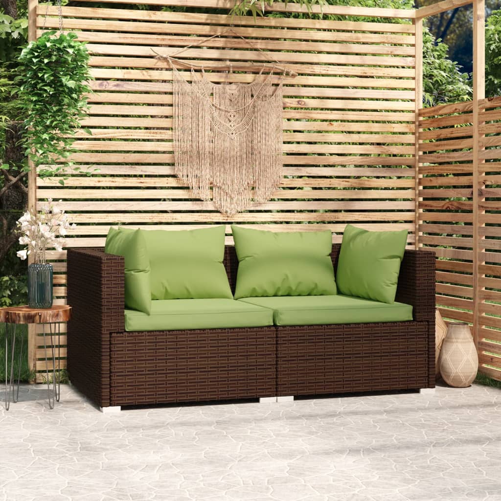 Bank 2-Zits Met Kussens Poly Rattan Bruin en groen Tweezitsbank