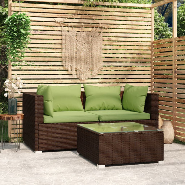 3-Delige Loungeset Met Kussens Poly Rattan Bruin en groen 2x hoek + Tafel