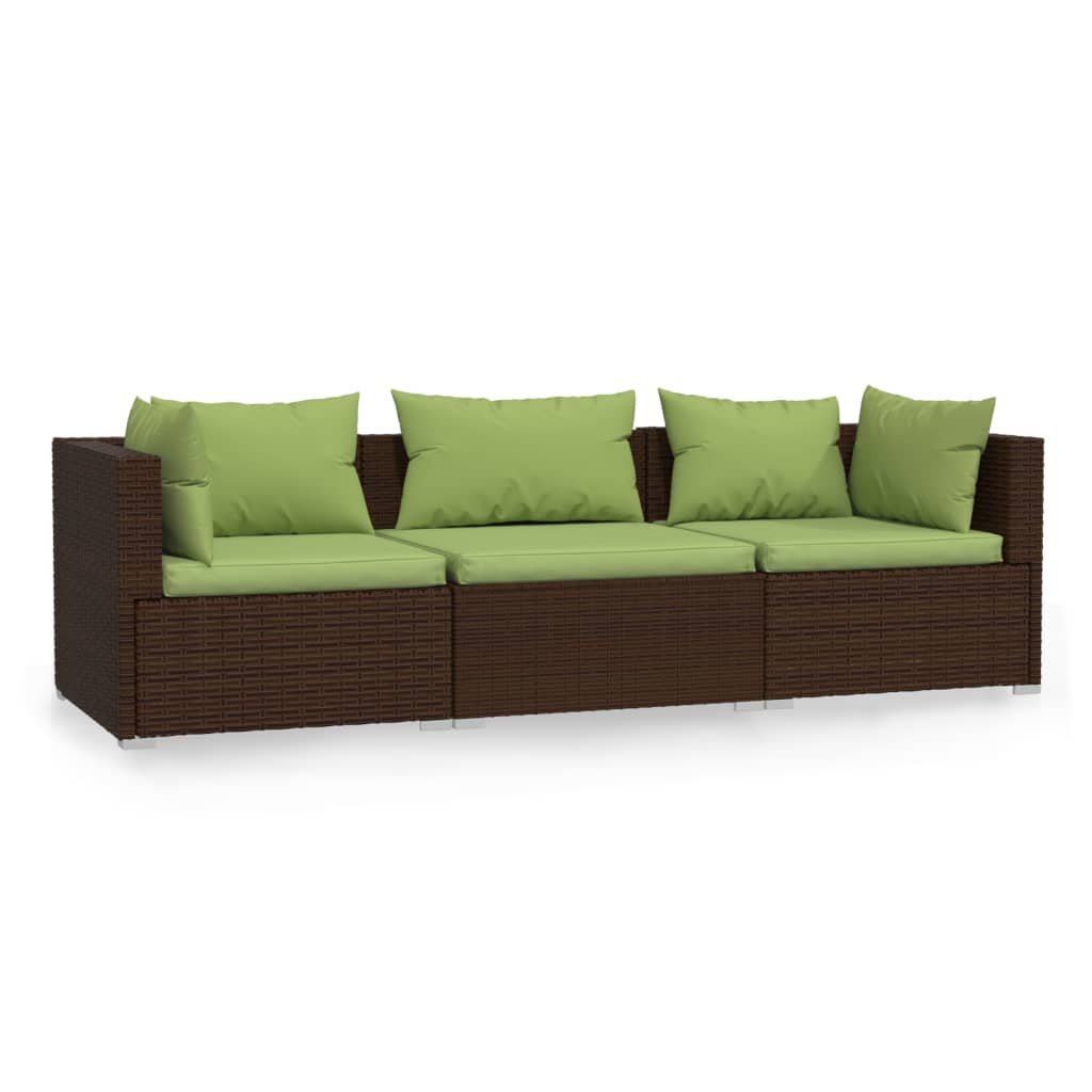 Bank 3-Zits Met Kussens Poly Rattan Bruin en groen 2x hoek + midden