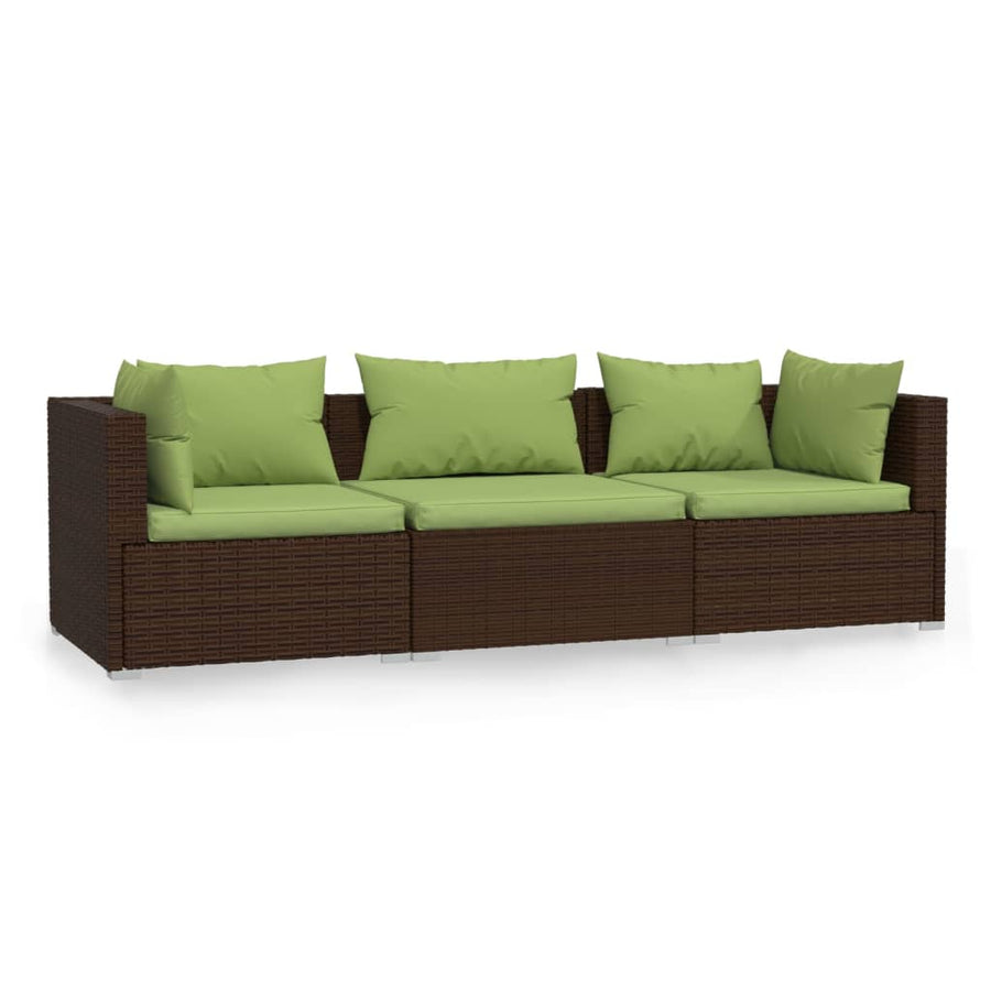 Bank 3-Zits Met Kussens Poly Rattan Bruin en groen 2x hoek + midden
