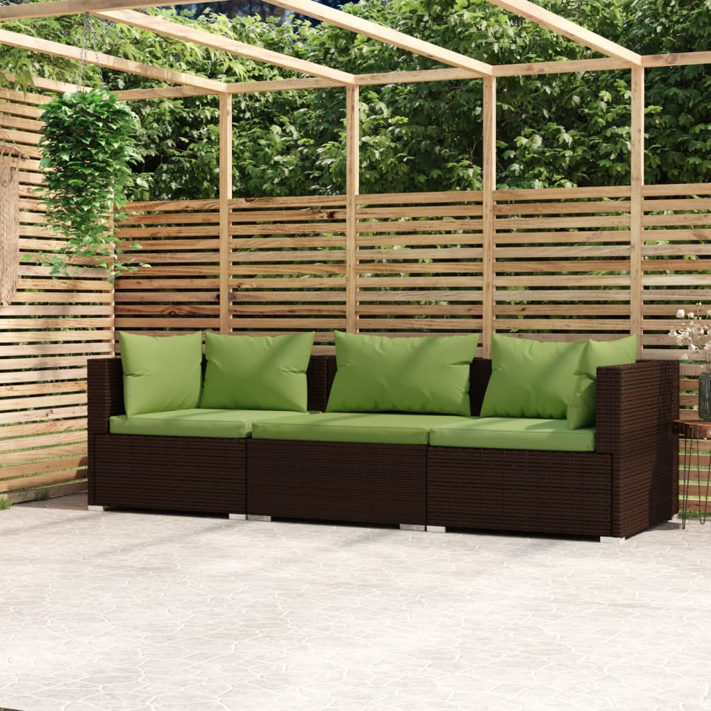 Bank 3-Zits Met Kussens Poly Rattan Bruin en groen 2x hoek + midden