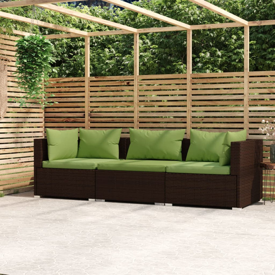 Bank 3-Zits Met Kussens Poly Rattan Bruin en groen 2x hoek + midden