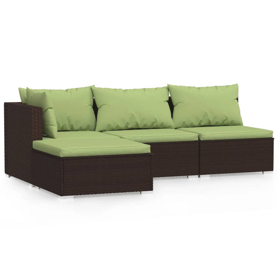 4-Delige Loungeset Met Kussens Poly Rattan Bruin En Groen hoek + 2x midden + voetensteun